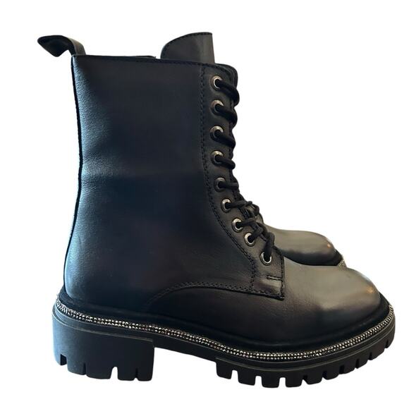 Aqua Aria Leather Combat Boots Rhinestone Trim Lace Up NEW Size 5 - Picture 1 of 11